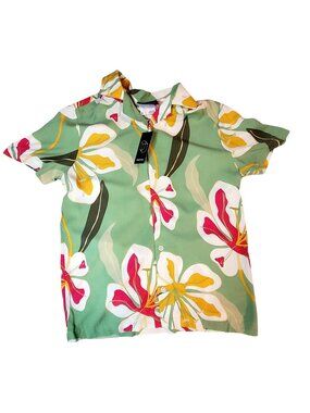 Original Use Mens Tropical Floral Button-Up Short Sleeve Shirt Size S Green
